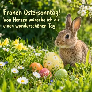 Hase zwischen Ostereiern auf einer Blumenwiese, Text: Frohen Ostersonntag! – Von Herzen wünsche ich dir einen wunderschönen Tag.