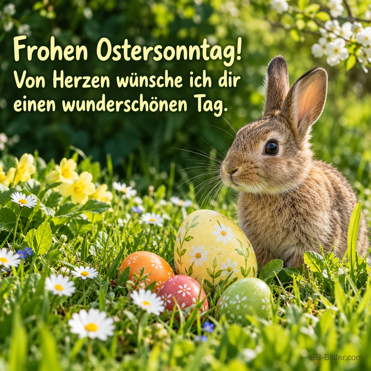 Hase zwischen Ostereiern auf einer Blumenwiese, Text: Frohen Ostersonntag! – Von Herzen wünsche ich dir einen wunderschönen Tag.