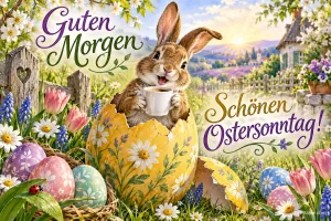 Hase mit Kaffeetasse sitzt in einer großen Eierschale zwischen Tulpen, Text: Guten Morgen – Schönen Ostersonntag!