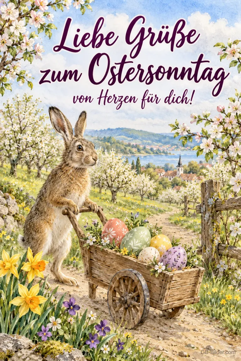 Hase mit Schubkarre voller Ostereier, Text: Liebe Grüße zum Ostersonntag