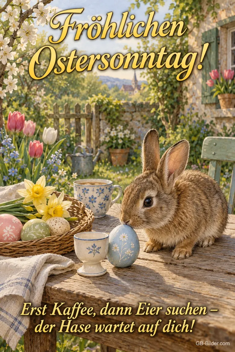 Hase am Frühstückstisch, lustiger Text: Fröhlichen Ostersonntag!