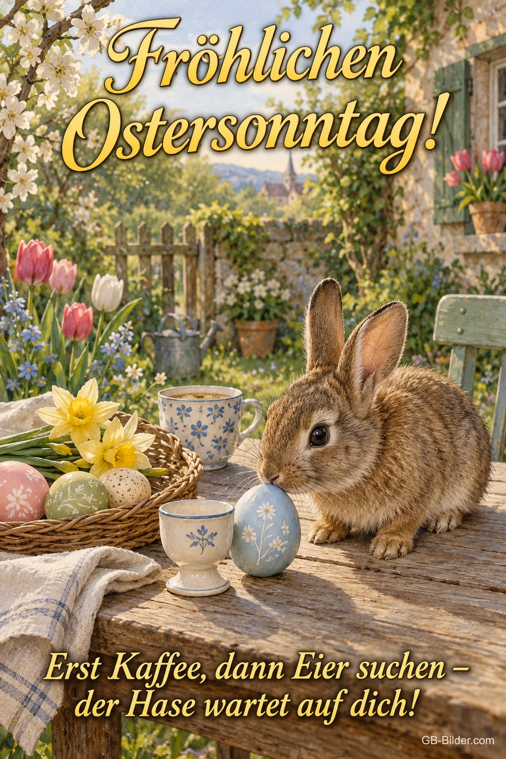 Hase am Frühstückstisch, lustiger Text: Fröhlichen Ostersonntag!