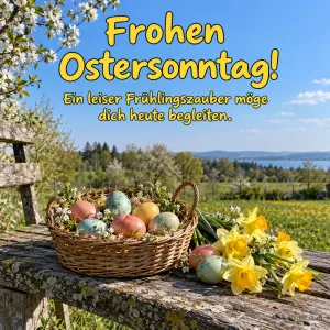 Osterkorb mit Narzissen auf einer Bank, Text: Frohen Ostersonntag!