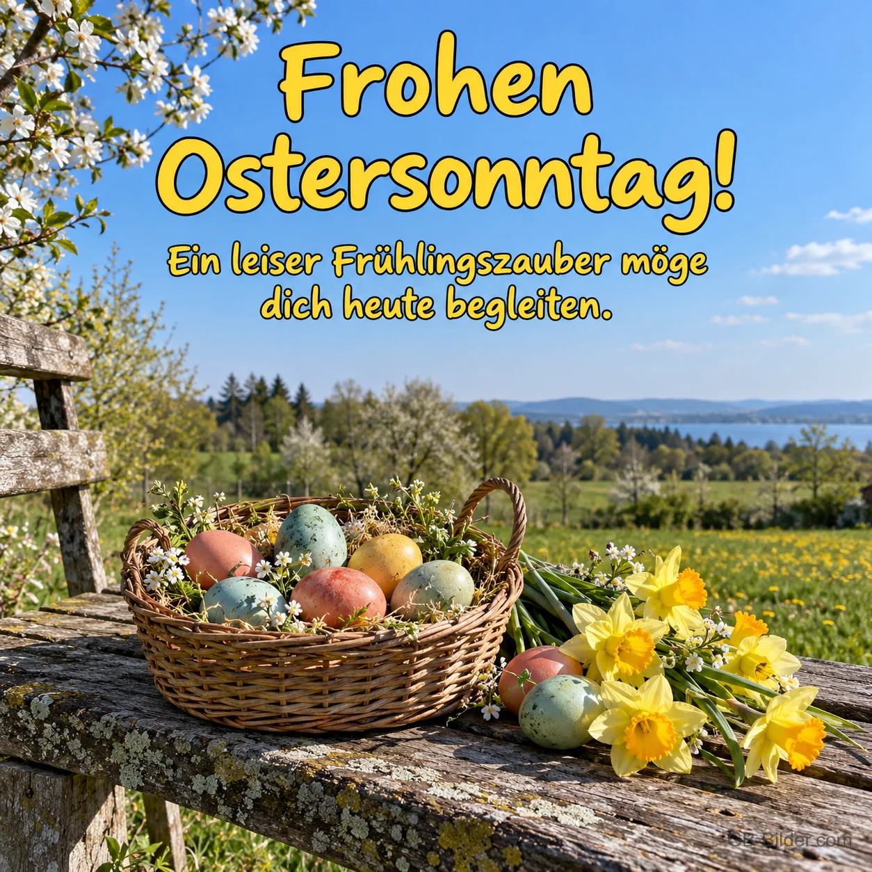 Osterkorb mit Narzissen auf einer Bank, Text: Frohen Ostersonntag!