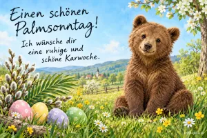 Bärenjunges sitzt zwischen Ostereiern und Palmzweigen, Text: Einen schönen Palmsonntag! – Ich wünsche dir eine ruhige und schöne Karwoche.