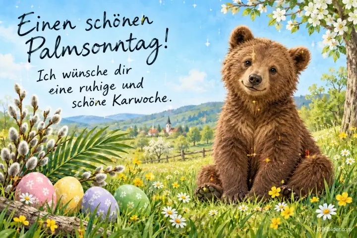 Bärenjunges sitzt zwischen Ostereiern und Palmzweigen, Text: Einen schönen Palmsonntag! – Ich wünsche dir eine ruhige und schöne Karwoche.