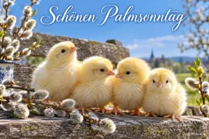 Vier Küken mit Weidenkätzchen auf einer Bank, Text: Schönen Palmsonntag
