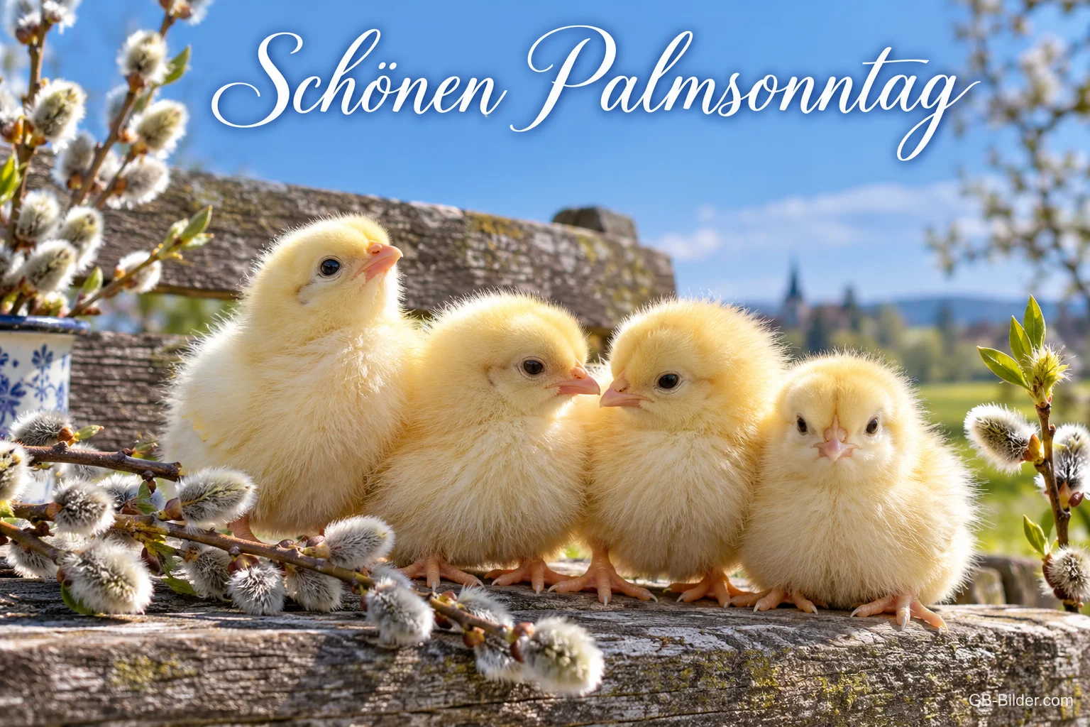 Vier Küken mit Weidenkätzchen auf einer Bank, Text: Schönen Palmsonntag