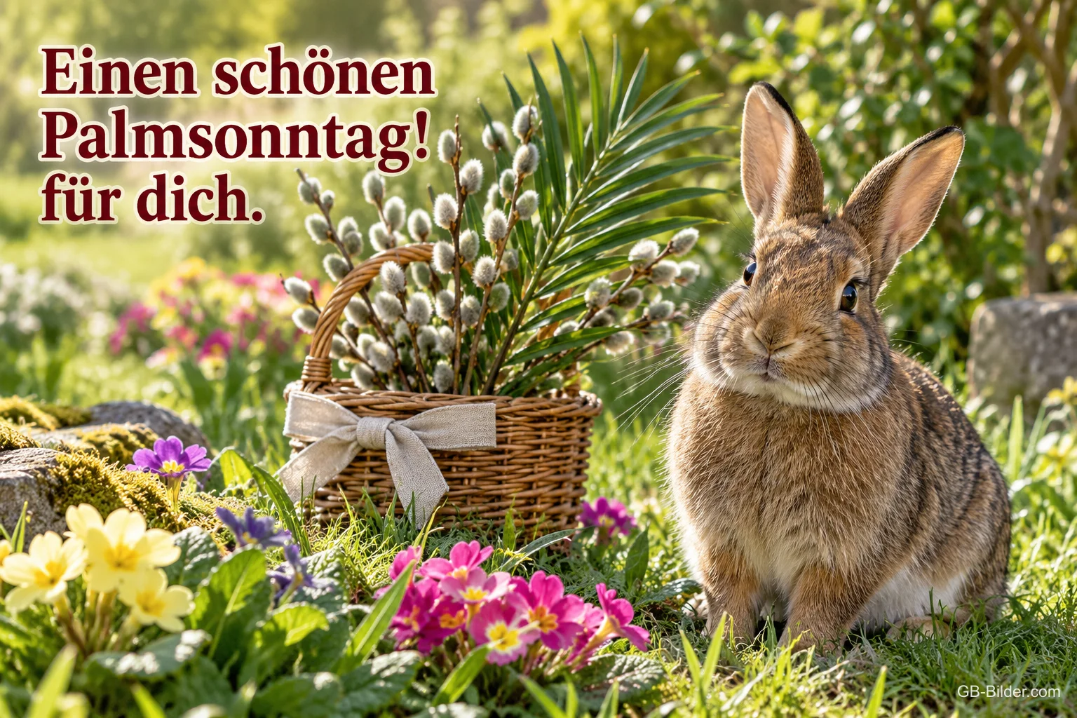 Hase neben einem Korb mit Palmkätzchen im Garten, Text: Einen schönen Palmsonntag! – für dich.
