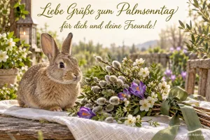 Hase neben Palmkätzchen und Krokussen auf einem Tisch, Text: Liebe Grüße zum Palmsonntag – für dich und deine Freunde!
