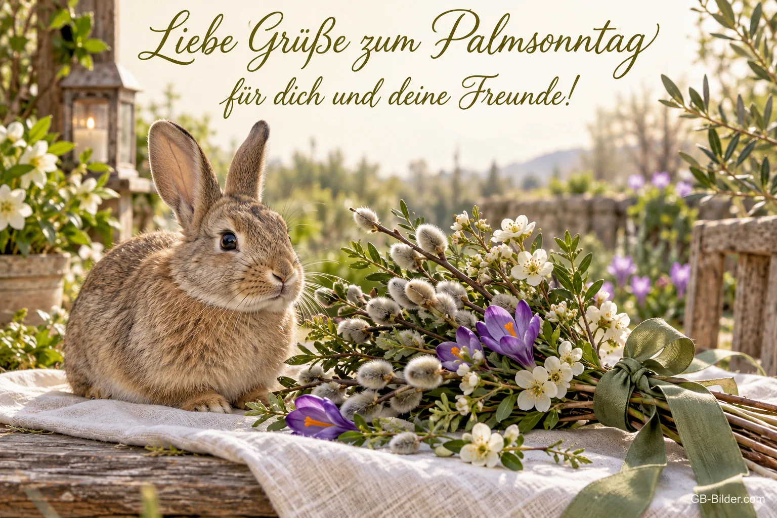 Hase neben Palmkätzchen und Krokussen auf einem Tisch, Text: Liebe Grüße zum Palmsonntag – für dich und deine Freunde!