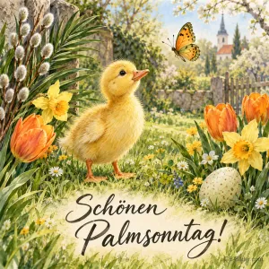 Entenküken zwischen Tulpen und Narzissen im Garten, Text: Schönen Palmsonntag!
