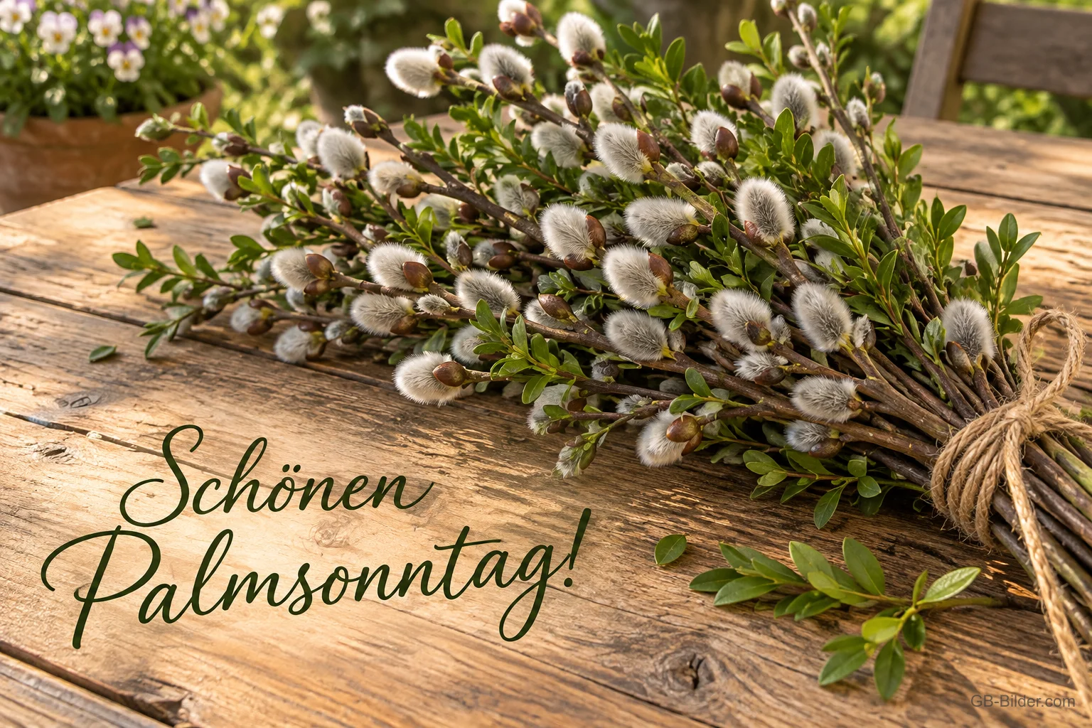 Strauß Palmkätzchen auf einem Holztisch, Text: Schönen Palmsonntag!