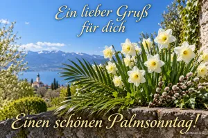 Narzissen und Palmkätzchen über einem See mit Kirche, Text: Ein lieber Gruß für dich – Einen schönen Palmsonntag!