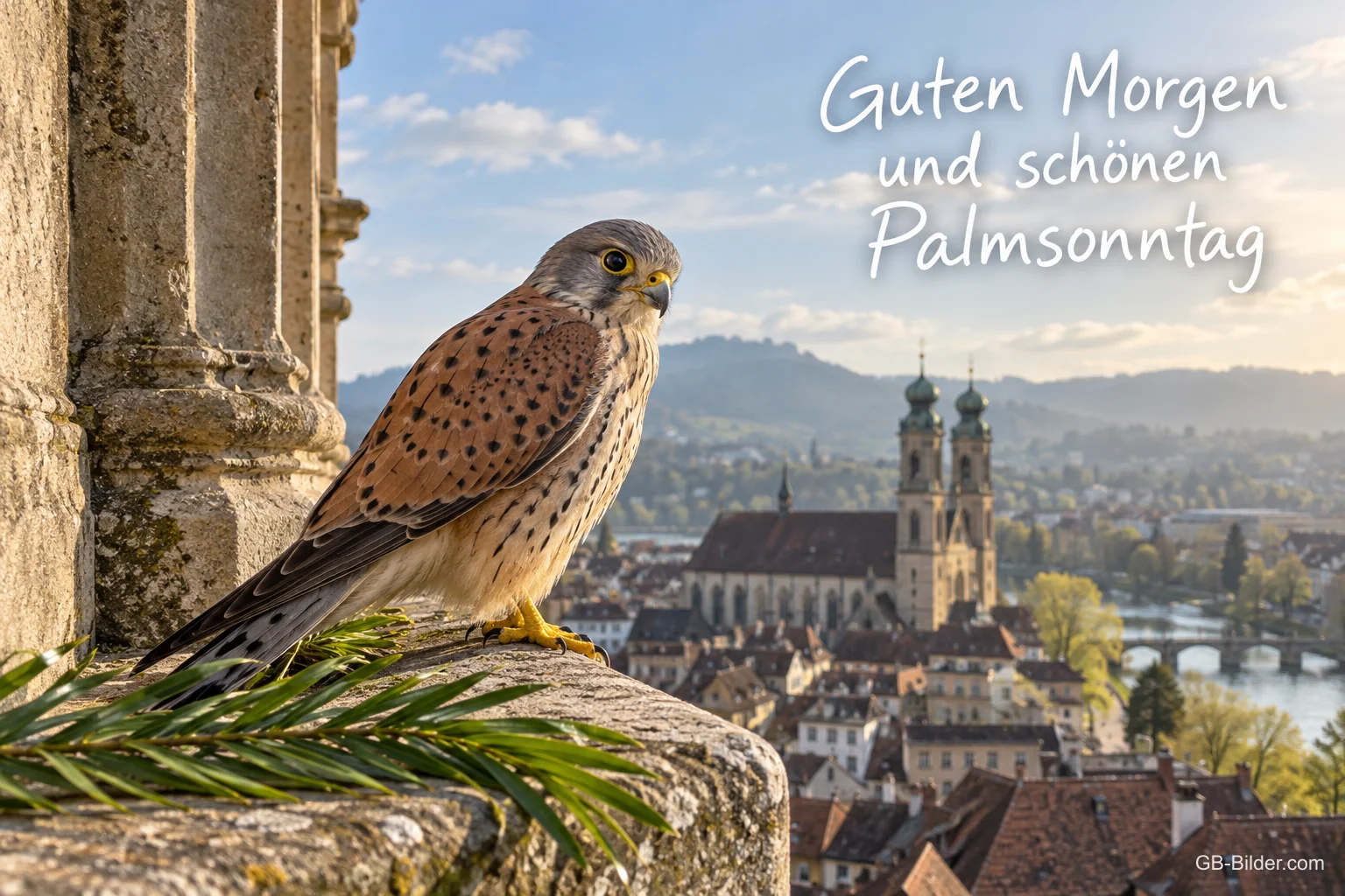 Turmfalke auf einem Kirchturm über einer Altstadt, Text: Guten Morgen – und schönen Palmsonntag