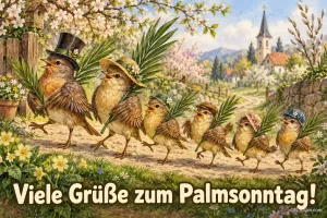Vögel mit Hüten tragen Palmzweige in einer Prozession, Text: Viele Grüße zum Palmsonntag!