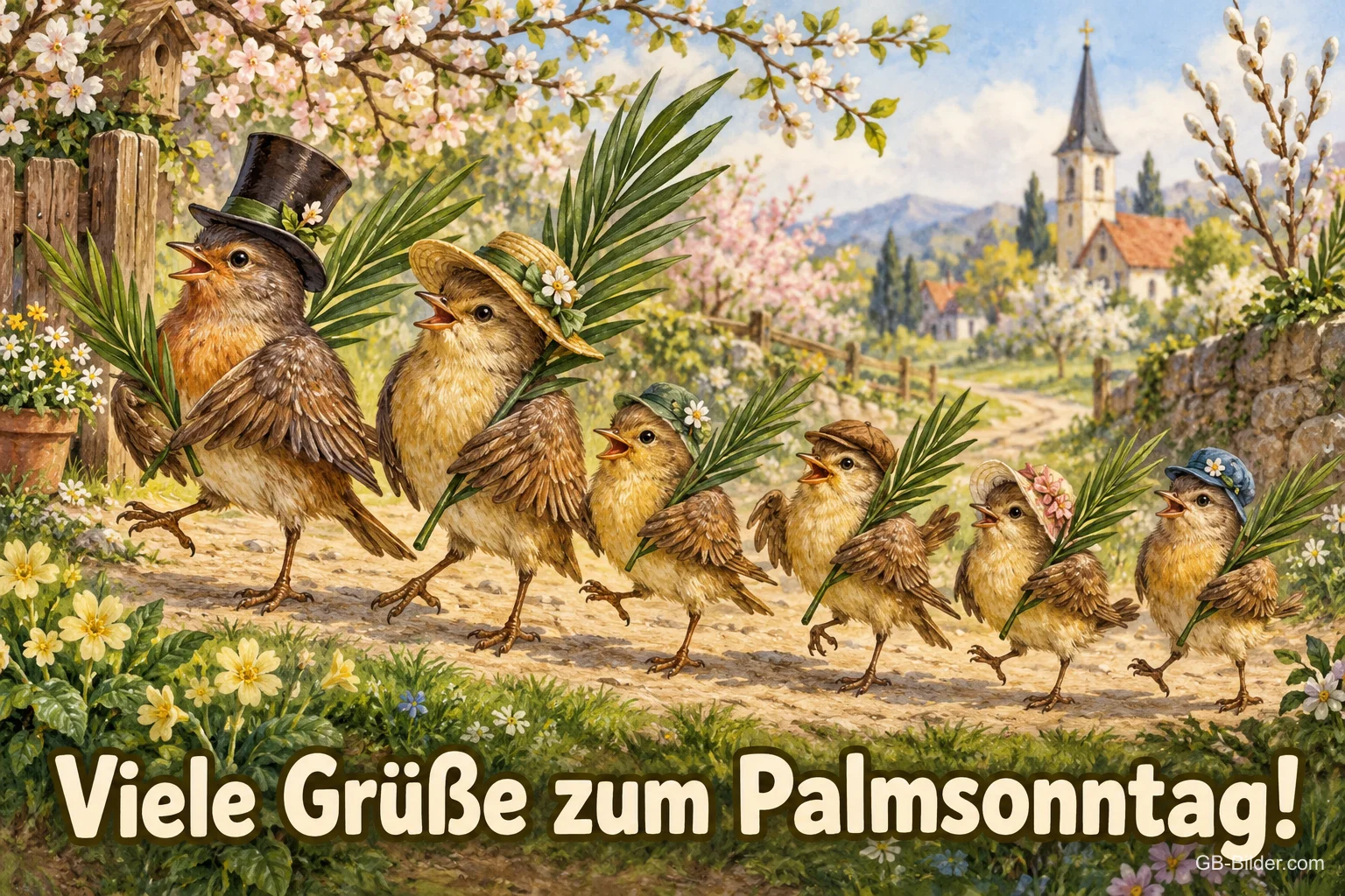 Vögel mit Hüten tragen Palmzweige in einer Prozession, Text: Viele Grüße zum Palmsonntag!