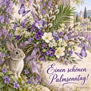 Hase vor einem Strauß Veilchen und Palmkätzchen, Text: Einen schönen Palmsonntag!