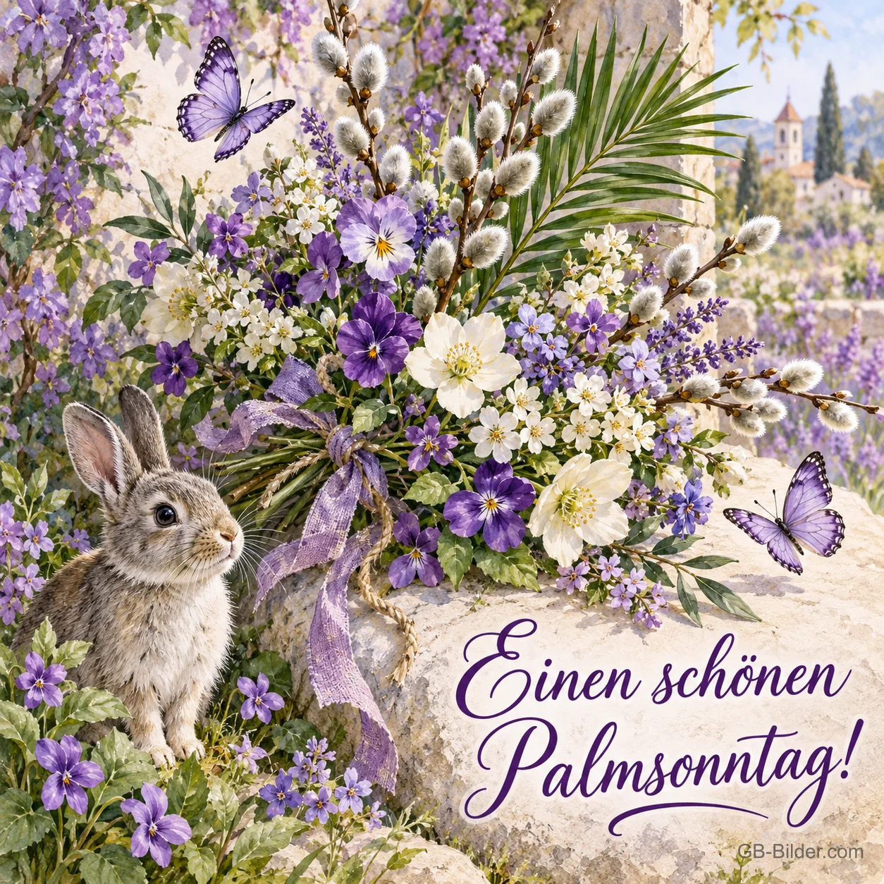 Hase vor einem Strauß Veilchen und Palmkätzchen, Text: Einen schönen Palmsonntag!