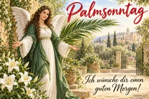 Engel im grünen Gewand mit Palmzweig vor einer Altstadt, Text: Palmsonntag – Ich wünsche dir einen guten Morgen!