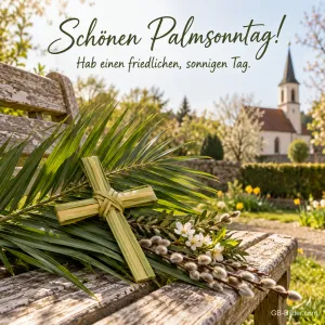 Kreuz aus Palmblättern und Weidenkätzchen auf einer Bank vor einer Kirche, Text: Schönen Palmsonntag! – Hab einen friedlichen, sonnigen Tag.