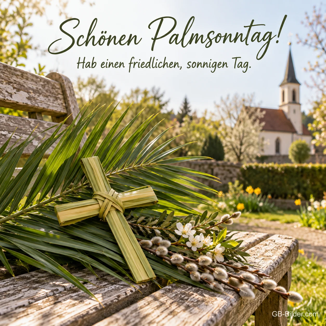 Kreuz aus Palmblättern und Weidenkätzchen auf einer Bank vor einer Kirche, Text: Schönen Palmsonntag! – Hab einen friedlichen, sonnigen Tag.