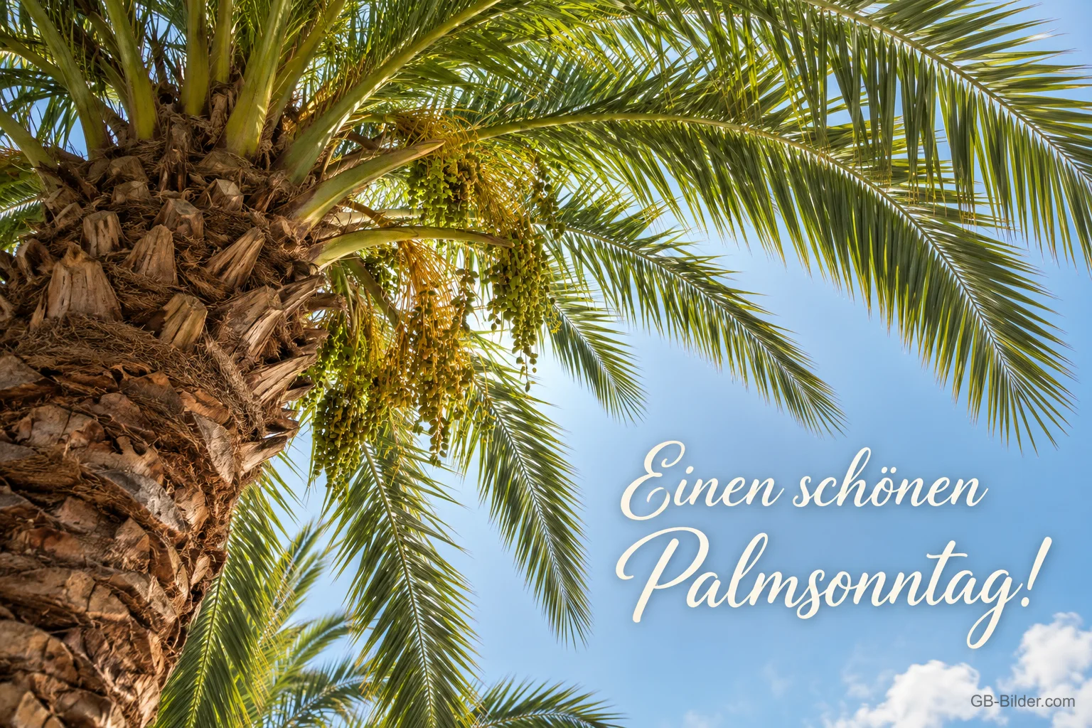 Palmenkrone vor blauem Himmel, Text: Einen schönen Palmsonntag!