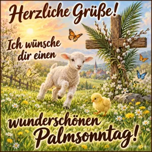 Lamm und Küken auf einer Frühlingswiese vor einem Holzkreuz, Text: Herzliche Grüße! – Ich wünsche dir einen wunderschönen Palmsonntag!