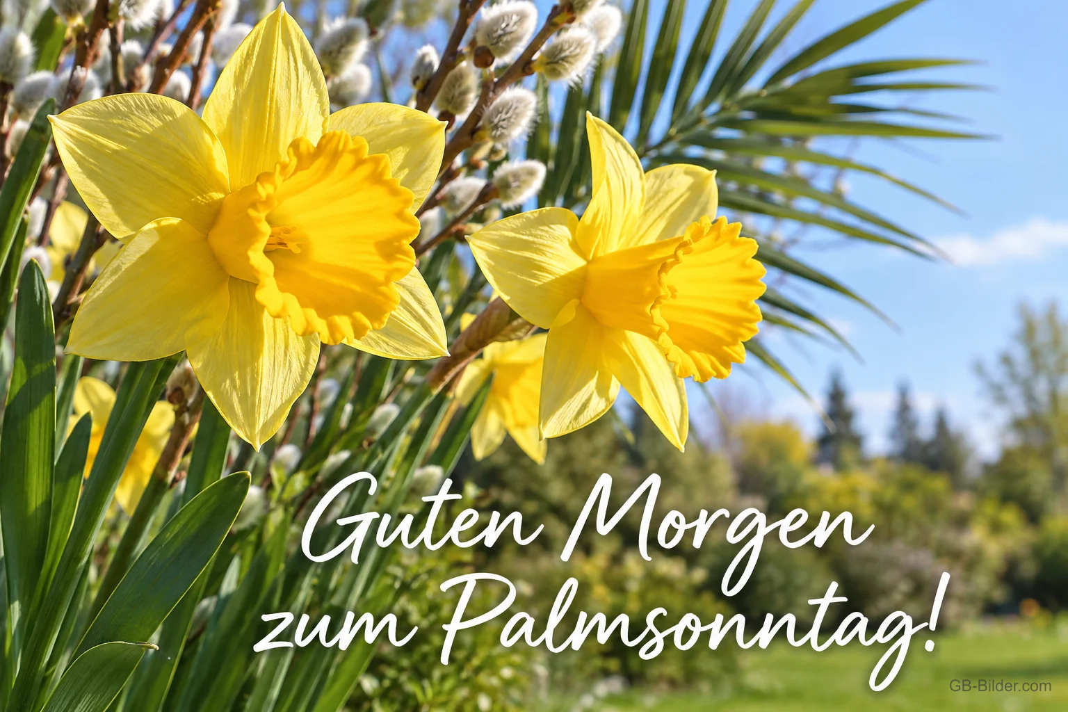 Narzissen und Weidenkätzchen vor blauem Himmel, Text: Guten Morgen – zum Palmsonntag!