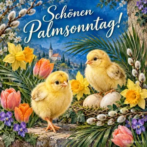 Zwei Küken mit Eiern zwischen Narzissen, Tulpen und Palmzweigen, Text: Schönen Palmsonntag!