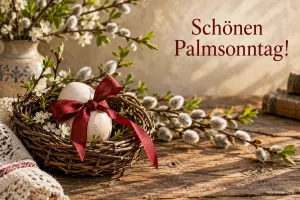 Weißes Ei mit roter Schleife im Nest zwischen Weidenkätzchen, Text: Schönen Palmsonntag!
