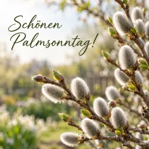 Weidenkätzchenzweige im Frühlingslicht, Text: Schönen Palmsonntag!