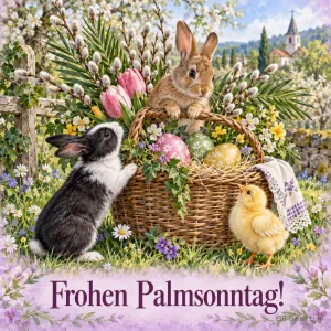 Zwei Hasen und ein Küken an einem Korb mit Ostereiern und Palmkätzchen, Text: Frohen Palmsonntag!
