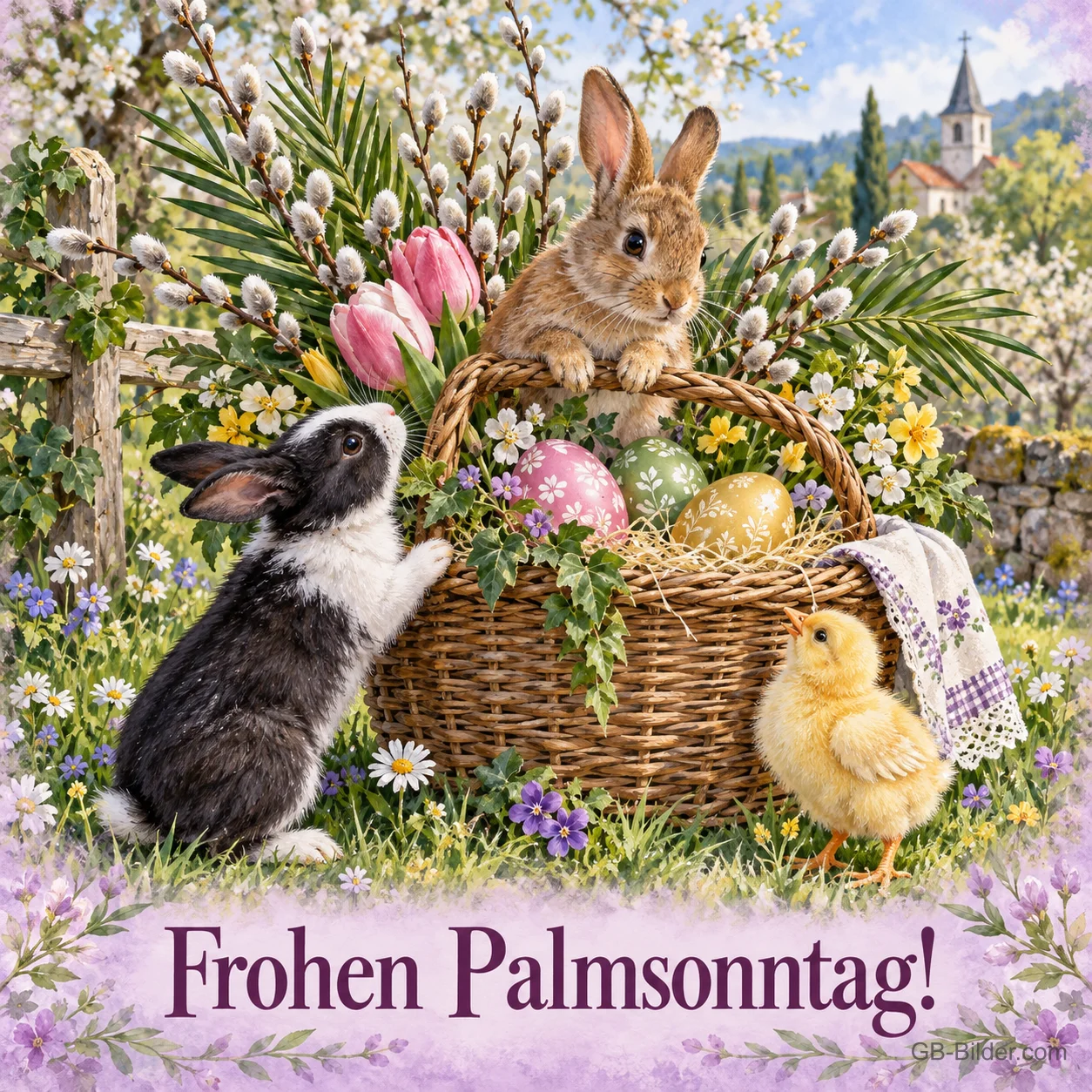 Zwei Hasen und ein Küken an einem Korb mit Ostereiern und Palmkätzchen, Text: Frohen Palmsonntag!