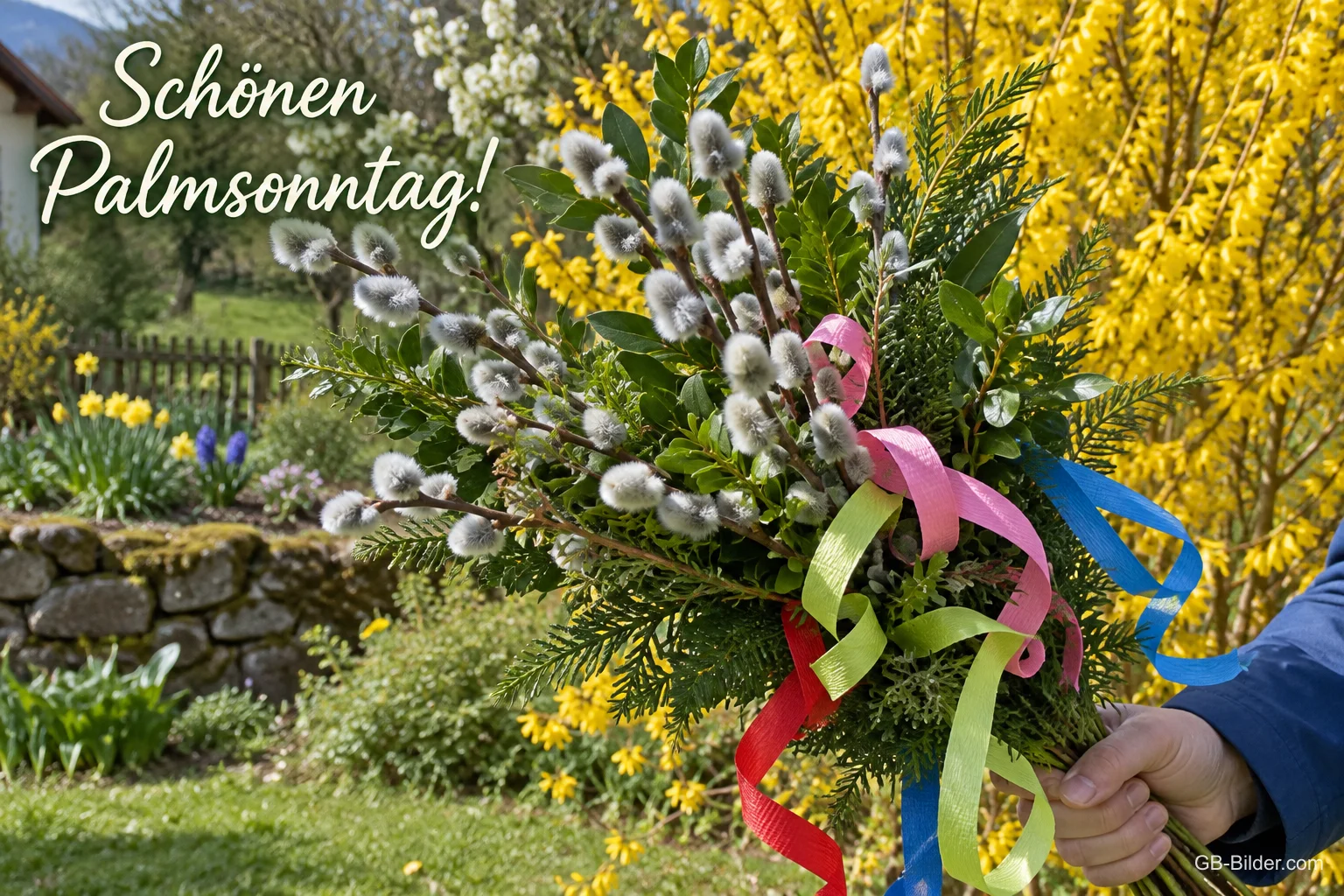 Hand hält einen Palmbuschen mit bunten Bändern im Garten, Text: Schönen Palmsonntag!