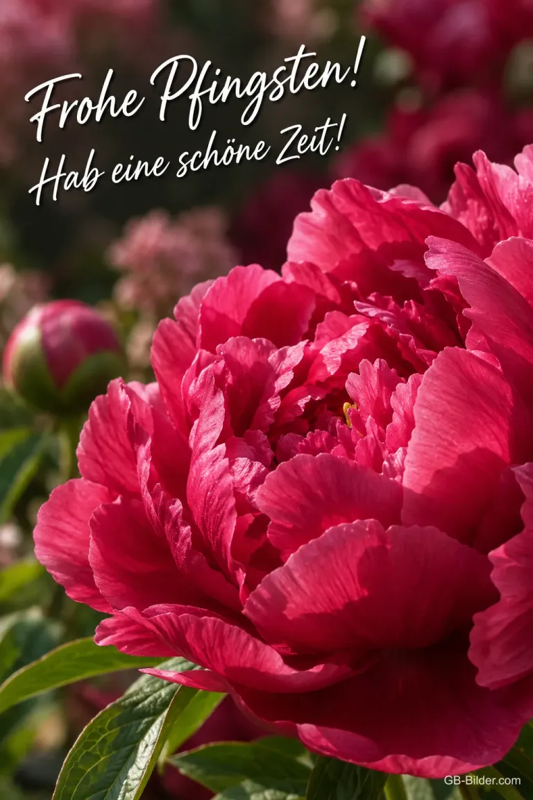 Pinke Pfingstrose in Nahaufnahme, Text: Frohe Pfingsten! – Hab eine schöne Zeit!