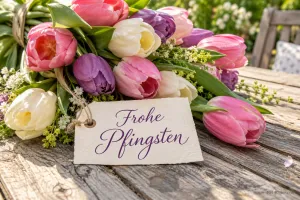 Tulpenstrauß mit Anhänger auf einem Holztisch, Text: Frohe Pfingsten