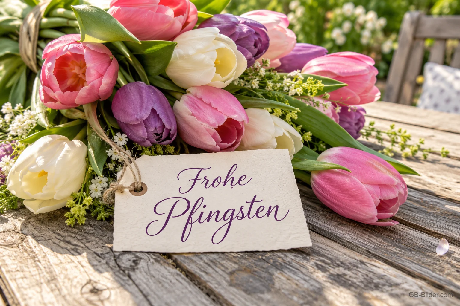 Tulpenstrauß mit Anhänger auf einem Holztisch, Text: Frohe Pfingsten