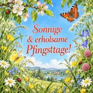 Rahmen aus Wiesenblumen, Schmetterlingen und Marienkäfern über einer Landschaft, Text: Sonnige & erholsame Pfingsttage!