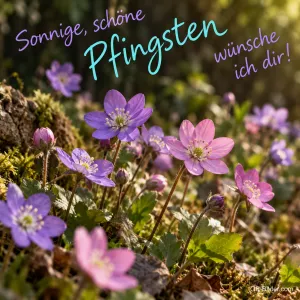 Lila und rosa Leberblümchen im Wald, Text: Sonnige, schöne Pfingsten wünsche ich dir!