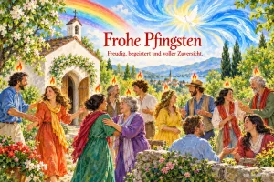 Fröhliche Menschen vor einer Kapelle unter einem Regenbogen mit Flammen, Text: Frohe Pfingsten – Freudig, begeistert und voller Zuversicht.