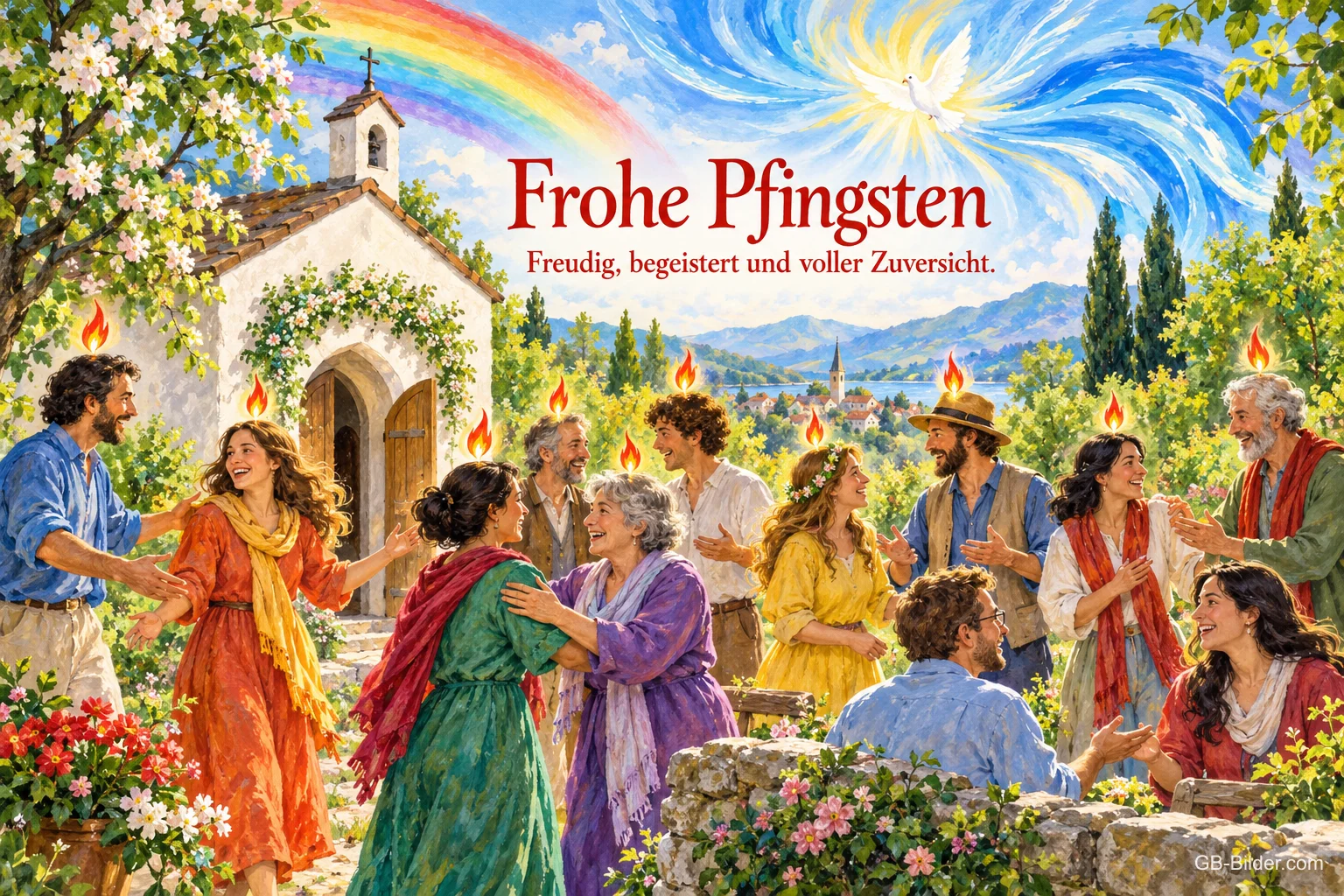 Fröhliche Menschen vor einer Kapelle unter einem Regenbogen mit Flammen, Text: Frohe Pfingsten – Freudig, begeistert und voller Zuversicht.