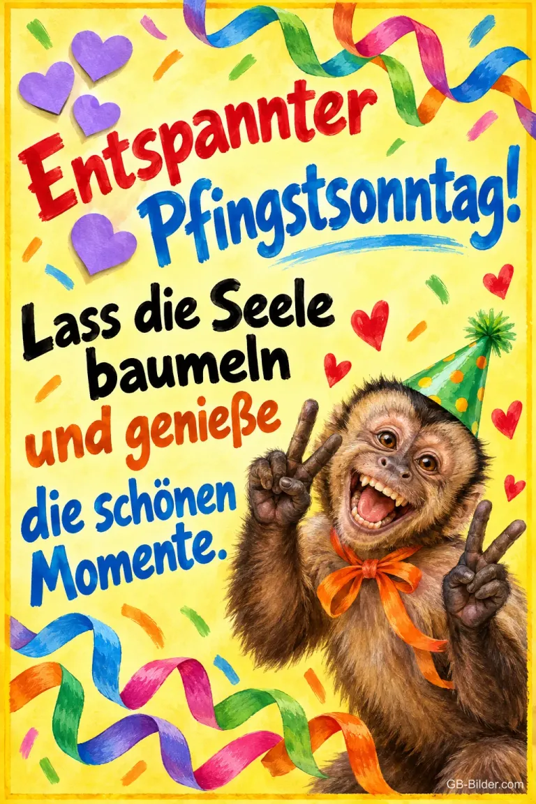 Lachender Affe mit Partyhut zeigt das Peace-Zeichen zwischen Luftschlangen, Text: Entspannter Pfingstsonntag! Lass die Seele baumeln und genieße die schönen Momente.