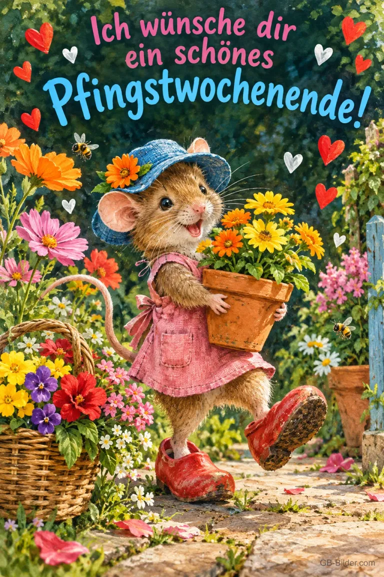 Maus mit Hut und Schürze trägt einen Blumentopf durch einen bunten Garten, Text: Ich wünsche dir ein schönes Pfingstwochenende!