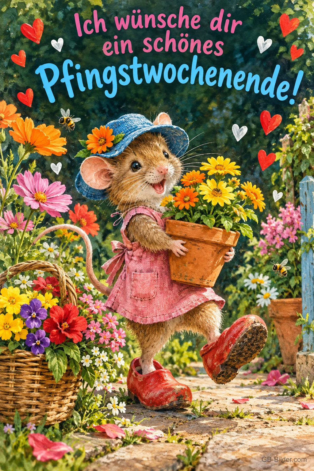 Maus mit Hut und Schürze trägt einen Blumentopf durch einen bunten Garten, Text: Ich wünsche dir ein schönes Pfingstwochenende!
