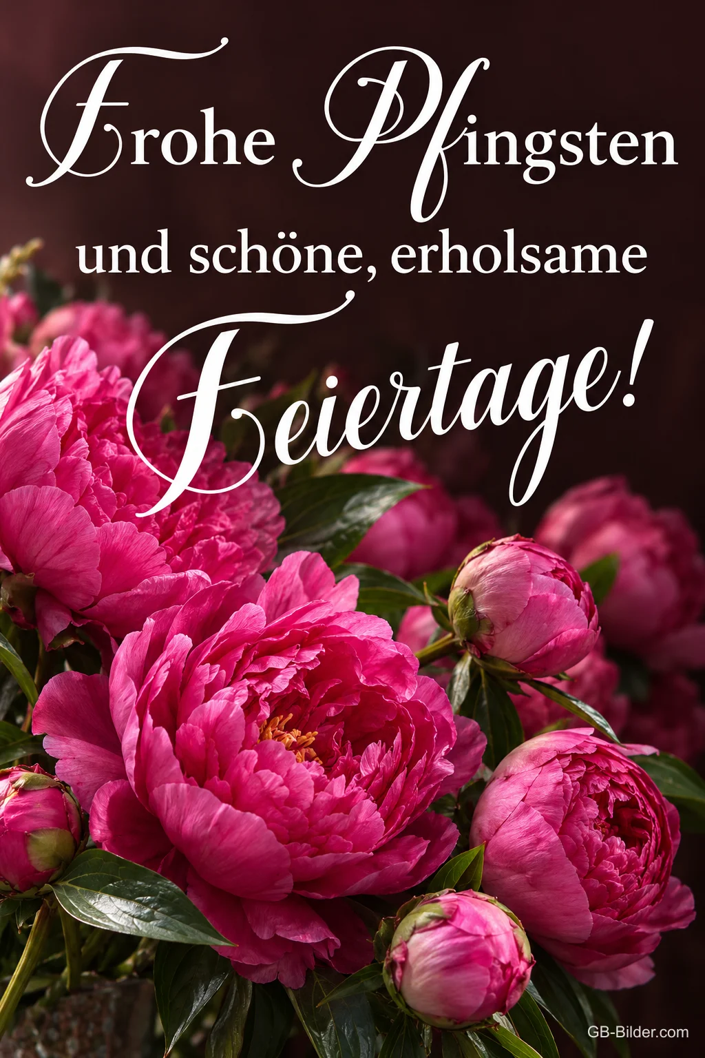 Pinke Pfingstrosen vor dunklem Hintergrund, Text: Frohe Pfingsten – und schöne, erholsame Feiertage!