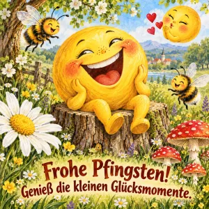 Lachende Sonne sitzt auf einem Baumstumpf, Bienen und Fliegenpilze, Text: Frohe Pfingsten! Genieß die kleinen Glücksmomente.