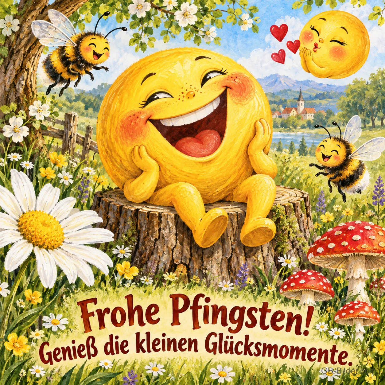 Lachende Sonne sitzt auf einem Baumstumpf, Bienen und Fliegenpilze, Text: Frohe Pfingsten! Genieß die kleinen Glücksmomente.