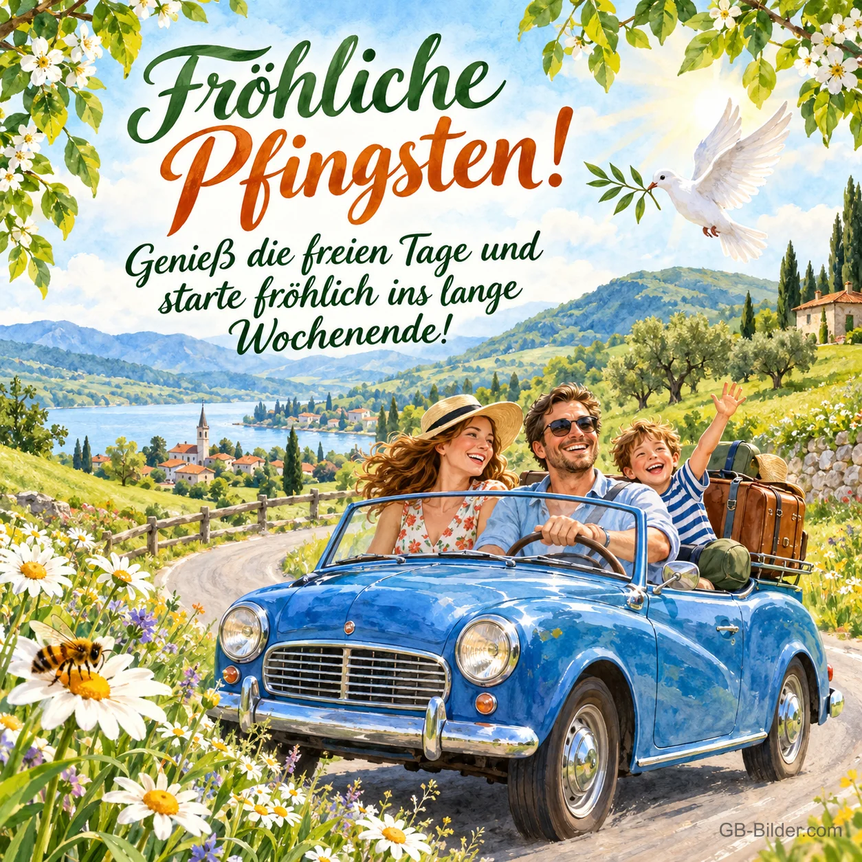 Familie fährt lachend im blauen Cabrio mit Gepäck durch eine Frühlingslandschaft, Text: Fröhliche Pfingsten! – Genieß die freien Tage und starte fröhlich ins lange Wochenende! Familie fährt lachend im blauen Cabrio mit Gepäck durch eine Frühlingslandschaft, Text: Fröhliche Pfingsten! – Genieß die freien Tage und starte fröhlich ins lange Wochenende!