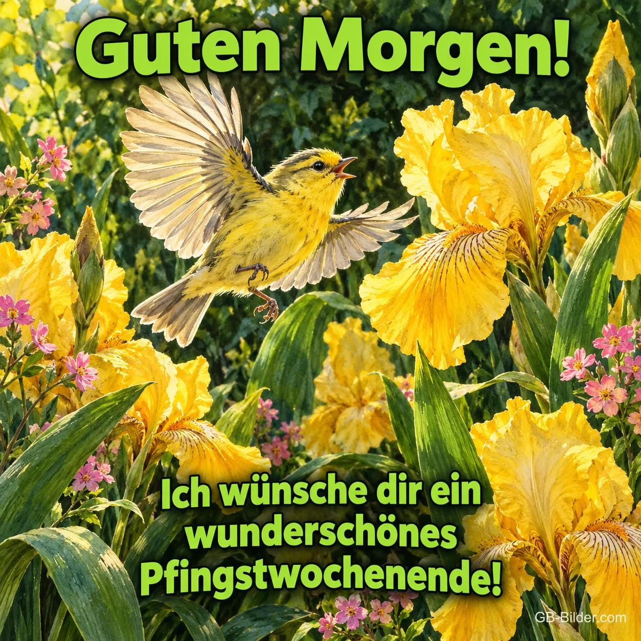 Gelber Vogel fliegt zwischen gelben Iris, Text: Guten Morgen! – Ich wünsche dir ein wunderschönes Pfingstwochenende! Gelber Vogel fliegt zwischen gelben Iris, Text: Guten Morgen! – Ich wünsche dir ein wunderschönes Pfingstwochenende!
